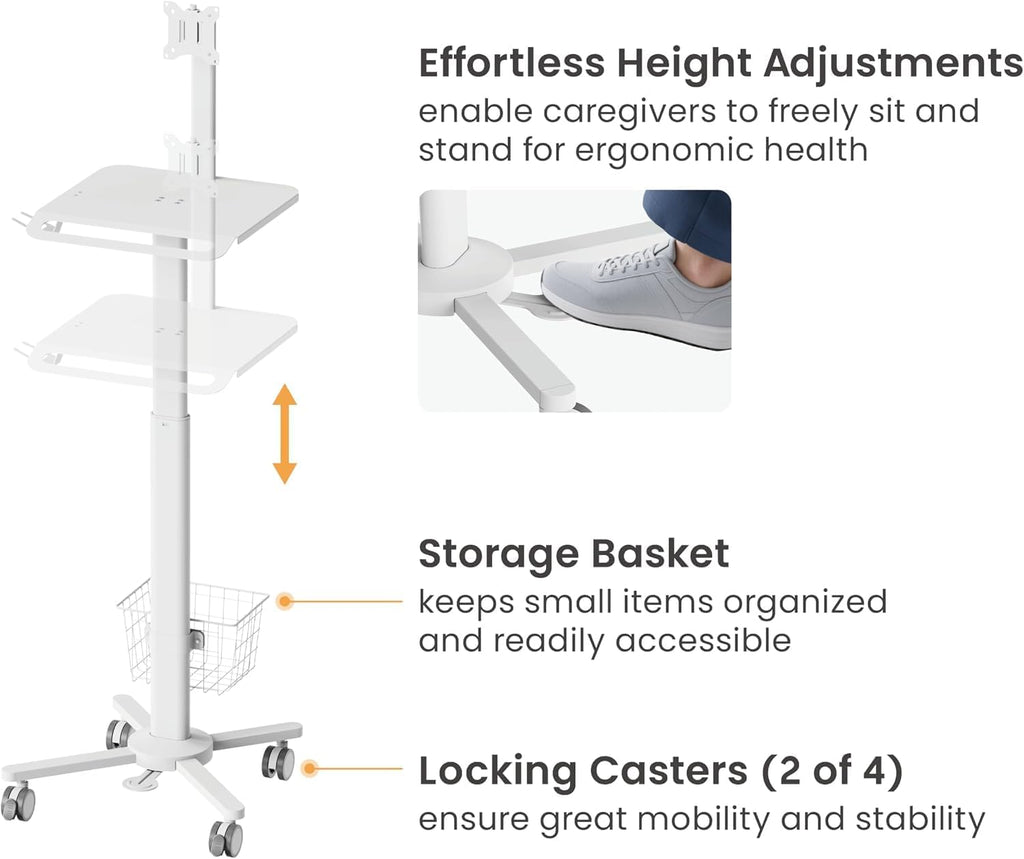 MB-C13-5 Height Adjustable Lightweight Anti-Theft Medical Trolley Cart for IPAD, Tablet (7.9"-12.5") with Keyboard Table, Basket, Scanner Holder for Hospital Clinic Dental Office Home Office