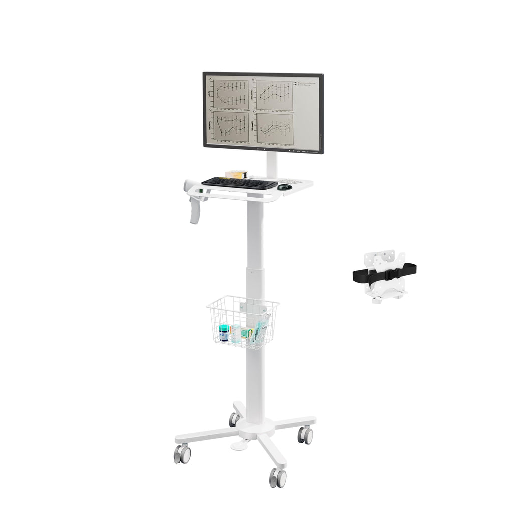 MB-C13-2C Lightweight Medical Trolley Cart for 17" to 32" Monitor with Keyboard Table, Basket, Scanner Holder for Hospital Clinic Dental Office Home Office | Height Adjustable with Mini CPU Mount