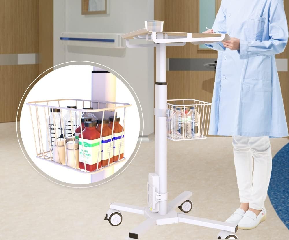 Mount Plus C01 Height Adjustable Mobile Medical Tablet Cart with Wheels and Tablet Enclosure Basket Storage | Medical Trolley for Hospital Clinic Beauty Salon | Pneumatic Mobile iPad Workstation