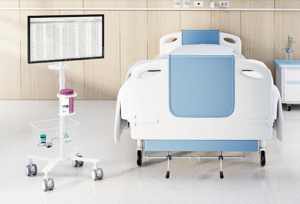 Mount Plus C09 Height Adjustable Mobile Medical Computer Monitor Display Cart with Wheels and Basket Storage | Medical Trolley for Hospital Clinic lab Beauty Salon | Pneumatic Mobile Workstation