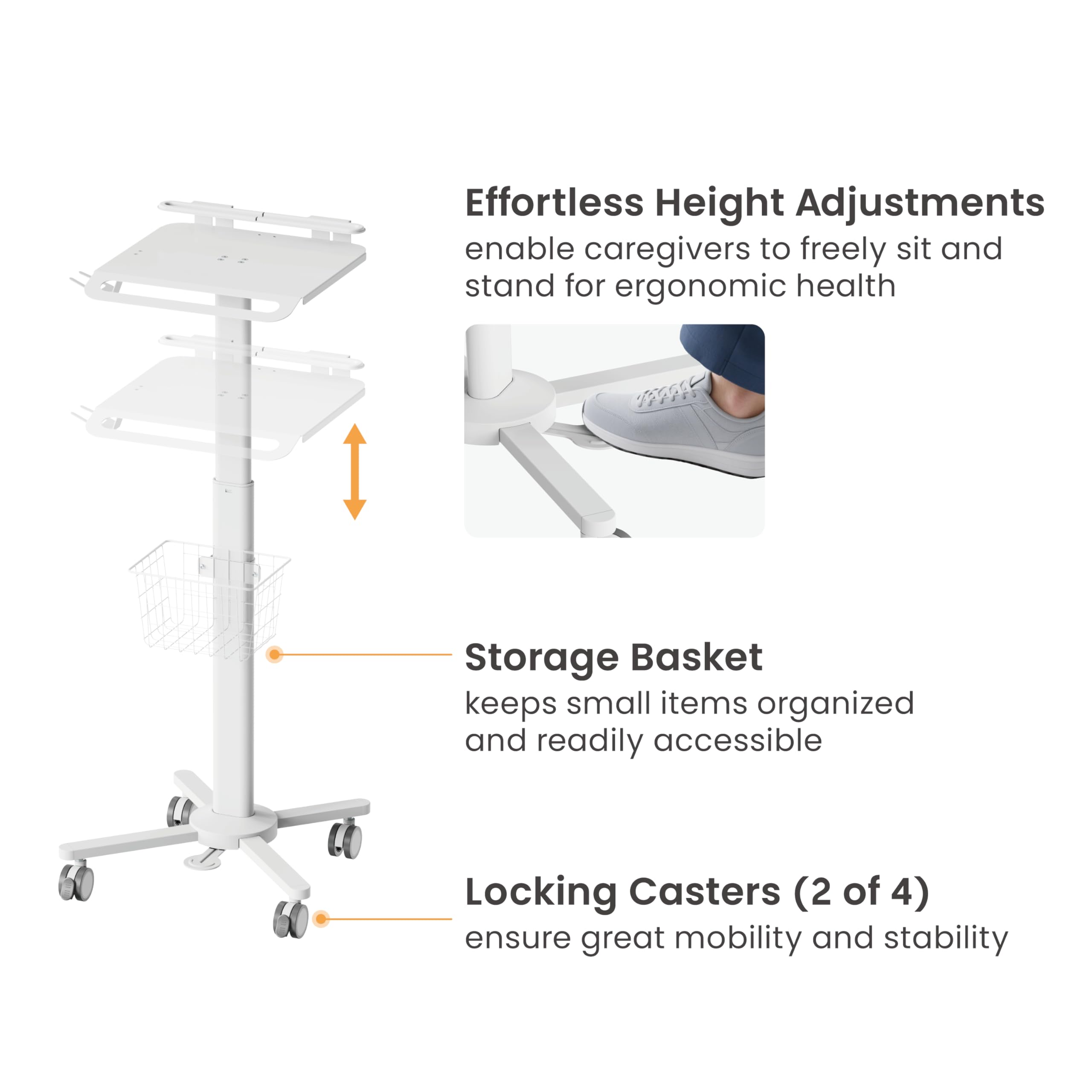 MB-C13-4 Height Adjustable, Lightweight, Anti-Theft, Anti-Slip Medical Laptop Workstation Trolley Cart with Wheels, Oral Scanner Holder, Basket Storage | Tabletop for Dental Office, Hospital, Clinic