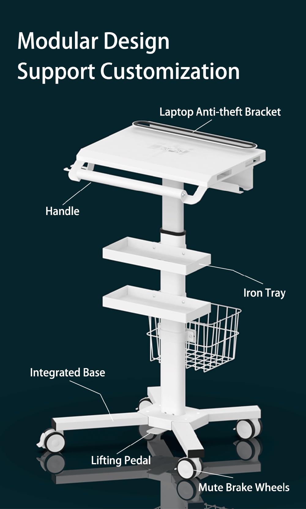 MB-C07 Height Adjustable, Anti-Theft, Anti-Slip Medical Laptop Workstation Trolley Cart With Wheels, Oral Scanner Holder, Basket Storage, Dual Tray | Large Tabletop for Dental Office, Hospital, Clinic