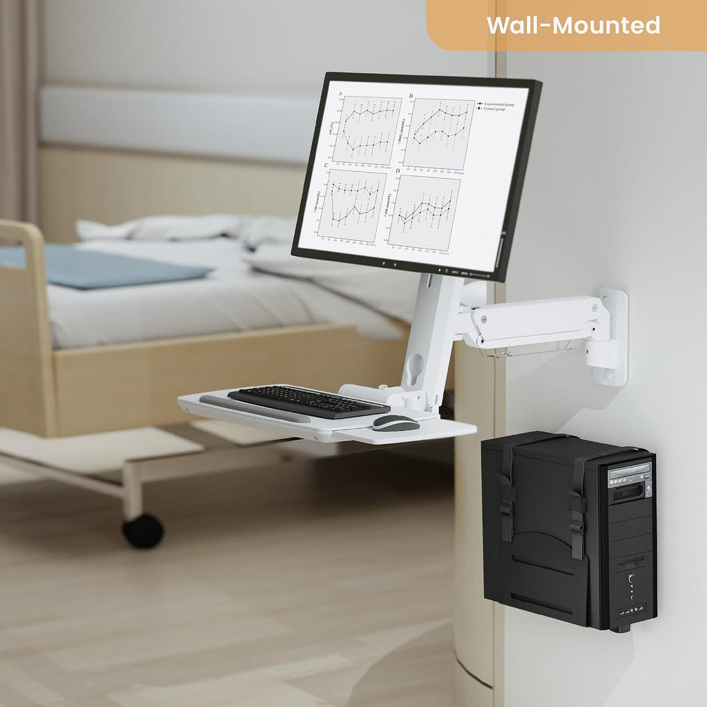 MED02-C2 Medical Wall Mount Workstation with Folding Keyboard Tray | Large Sliding Mouse Pad | Height Adjustment Space Save Folding Design for 17"-35" Screen | Scanner Holder With CPU Wall Mount