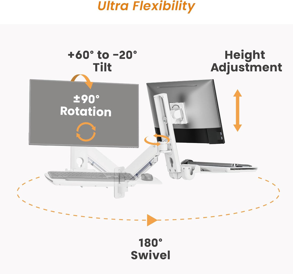 MED2H-C1  Heavy Duty Medical Wall Mount Workstation with Folding Keyboard Tray and Sliding Mouse Pad | Height Adjustment Space Save Folding Design for 17"-49" Screen Up to 44 lbs | Oral Scanner | Mini CPU