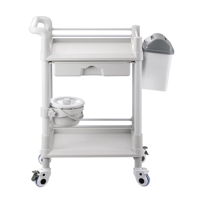 Mount Plus MT01 2 Tier Mobile Medical Cart Trolley with Drawer, Trash Cans, Waste Bowl | Beauty Salon Rolling Trolley with 360° Rotate Wheels | Heavy Duty Utility Cart for Hospital Dental Clinic
