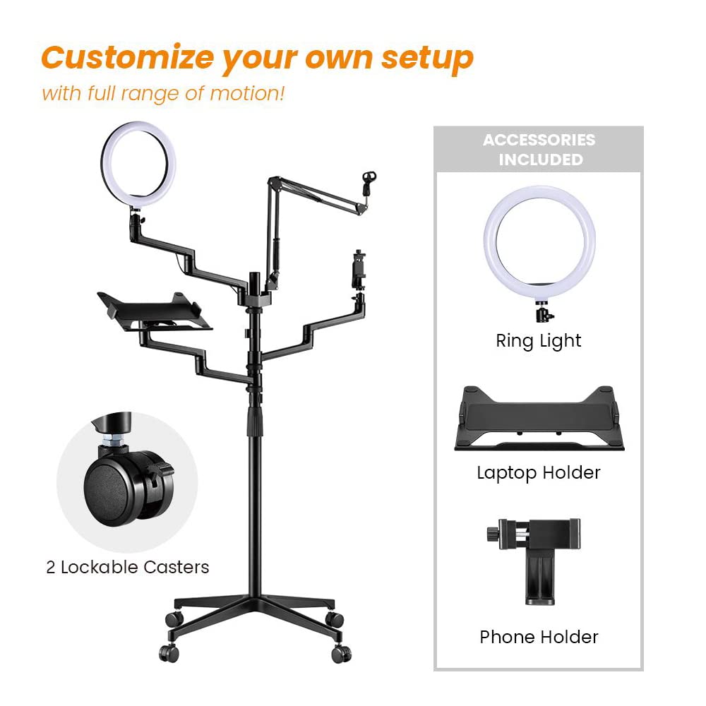 MDS11-2 Live Broadcast Boom Arm And Mobile Cart | Flexible Desk Mount Camera Arm | Clamp Webcam Stand | Microphone Boom Arm | Laptop Stand | 10" LED Ring Light | Voice Recording And Podcasting