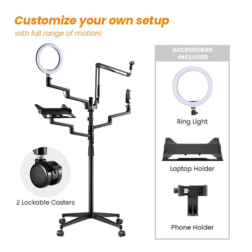 MDS11-2 Live Broadcast Boom Arm And Mobile Cart | Flexible Desk Mount Camera Arm | Clamp Webcam Stand | Microphone Boom Arm | Laptop Stand | 10" LED Ring Light | Voice Recording And Podcasting