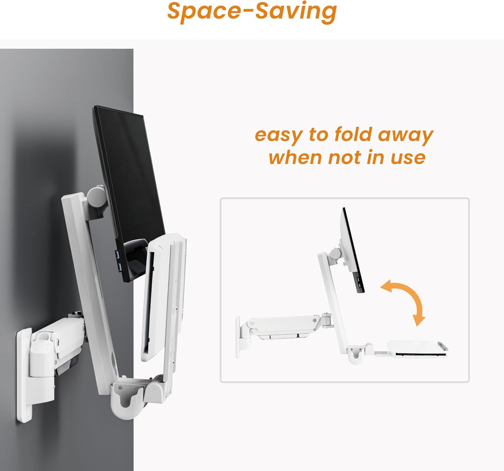 MED2H-C1  Heavy Duty Medical Wall Mount Workstation with Folding Keyboard Tray and Sliding Mouse Pad | Height Adjustment Space Save Folding Design for 17"-49" Screen Up to 44 lbs | Oral Scanner | Mini CPU