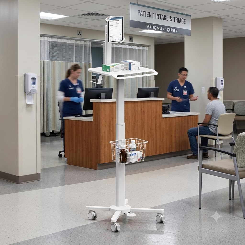 MB-C13-5 Height Adjustable Lightweight Anti-Theft Medical Trolley Cart for IPAD, Tablet (7.9"-12.5") with Keyboard Table, Basket, Scanner Holder for Hospital Clinic Dental Office Home Office