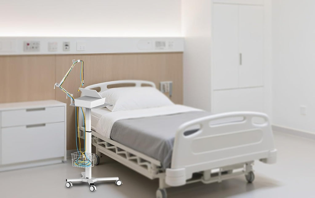Mount Plus MB-X5 Height-Adjustable Mobile Medical Trolley for ECG Devices with Cable Arm and Storage Basket