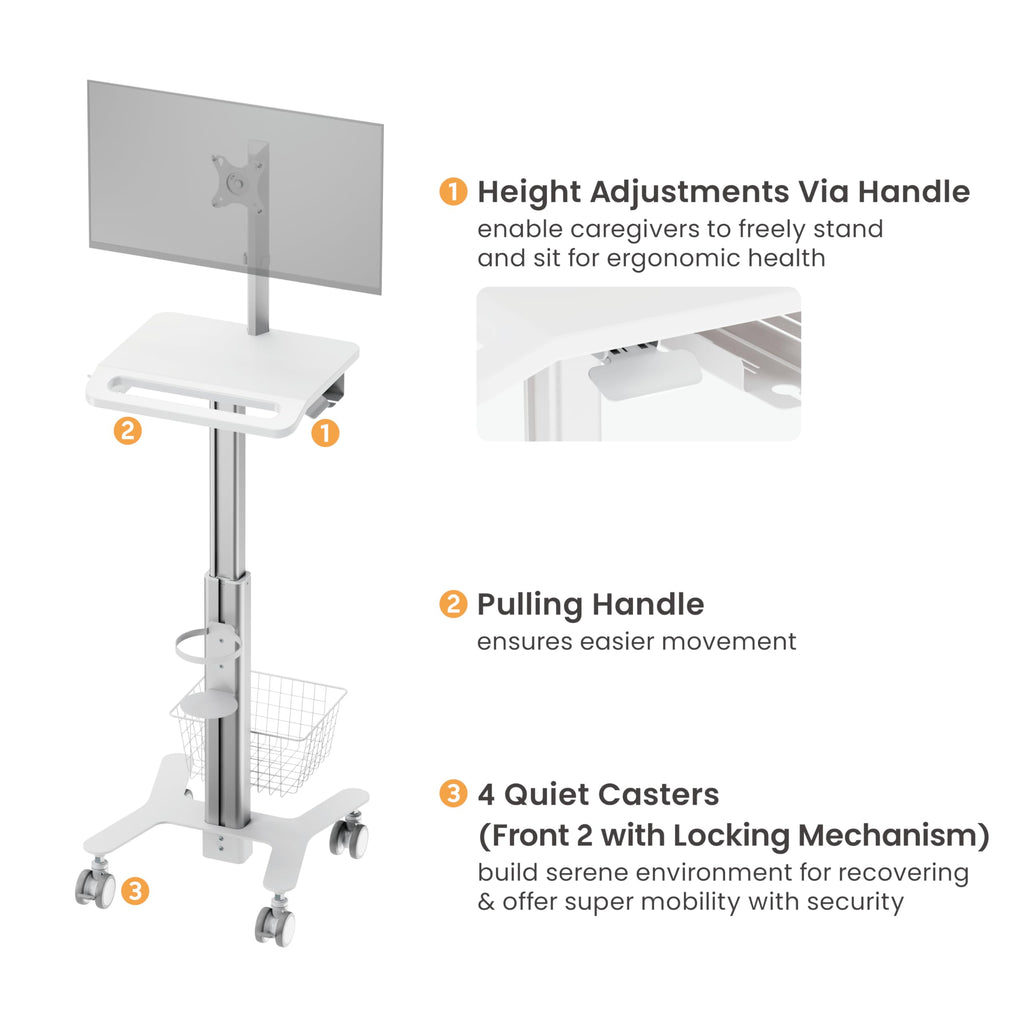 MB-C10 Medical Trolley Cart for Monitor Desktop with Keyboard Table, Basket, Wipe Holder, Scanner Holder for Hospital Clinic Dental Office | Height Adjustable Mobile Workstation | Mini CPU Mount