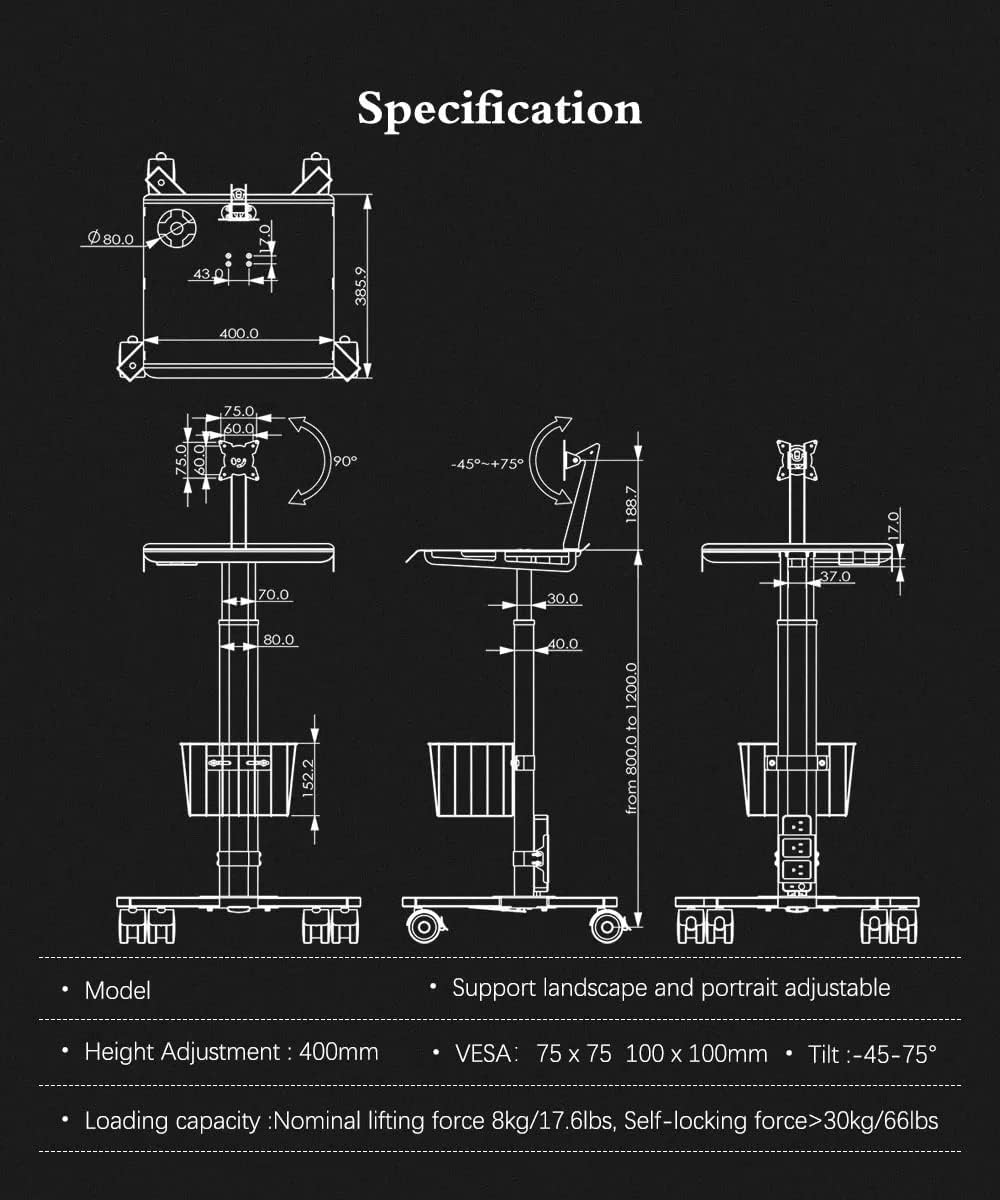 Mount Plus C01 Height Adjustable Mobile Medical Tablet Cart with Wheels and Tablet Enclosure Basket Storage | Medical Trolley for Hospital Clinic Beauty Salon | Pneumatic Mobile iPad Workstation