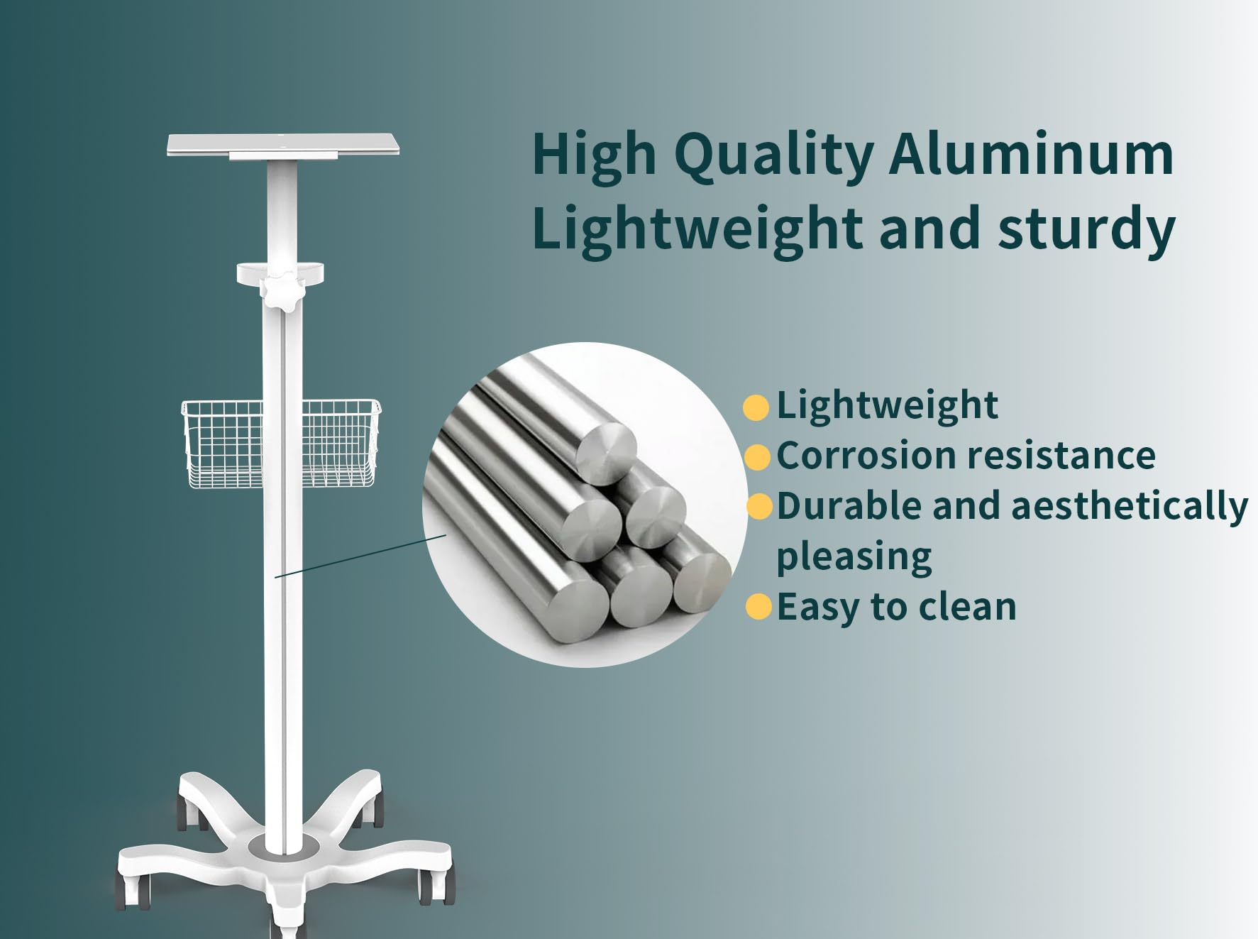 Mount Plus X3 Height Adjustable Aluminium Rolling Stand for Patient Monitor Medical Trolley Cart with Basket and and Locking Casters for Dental Office, Hospital, Clinic