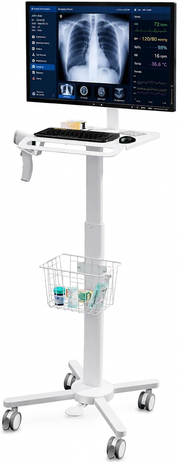MB-C13-2 Lightweight Medical Trolley Cart for 17" to 32" Monitor with Keyboard Table, Basket, Scanner Holder for Hospital Clinic Dental Office Home Office | Height Adjustable Mobile Workstation