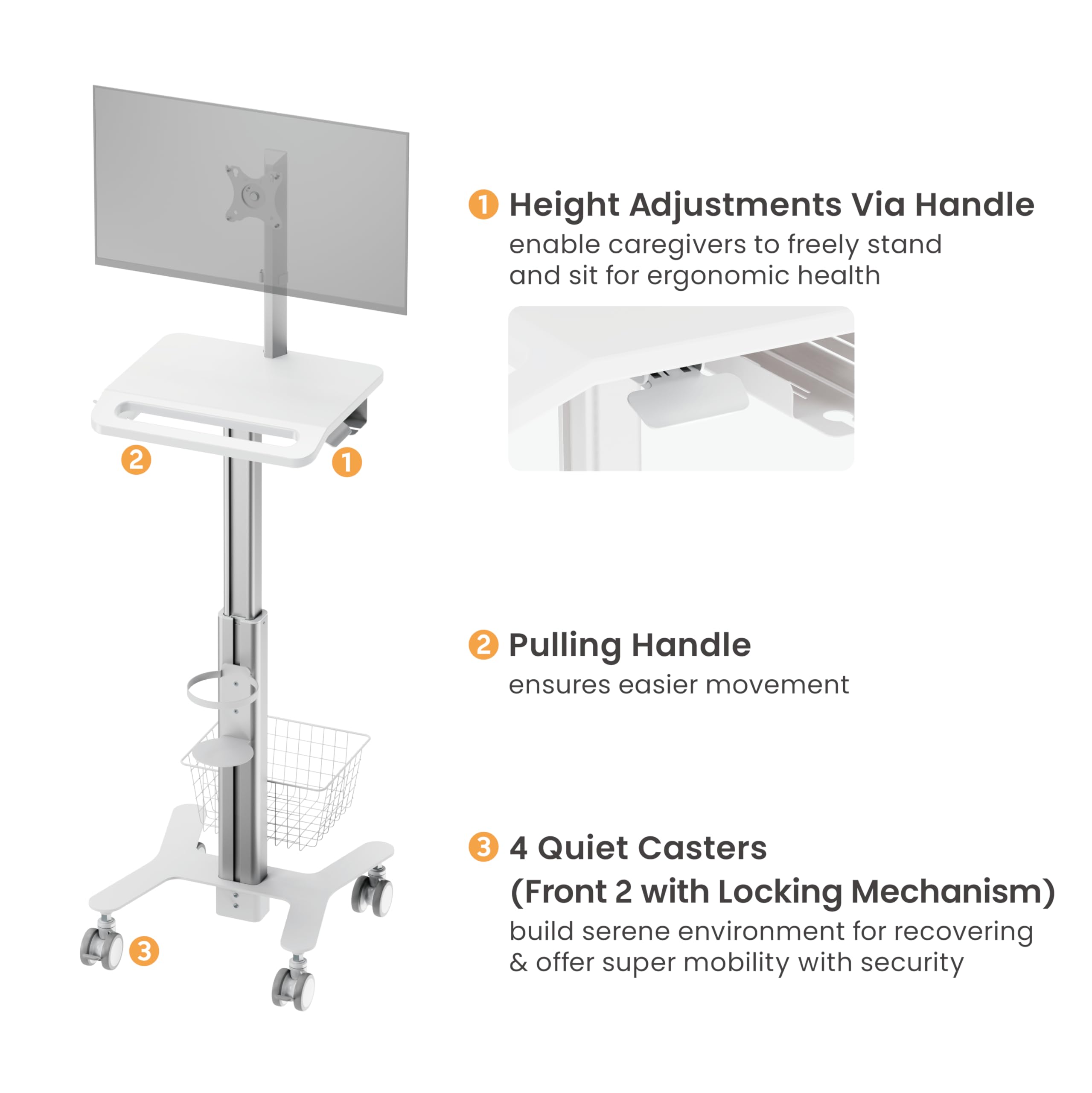 Mount Plus MB-C10 Medical Trolley Cart For Monitor Desktop With Keyboard Table, Basket, Wipe Holder, Scanner Holder For Hospital Clinic Dental Office Home Office | Height Adjustable Mobile Workstation