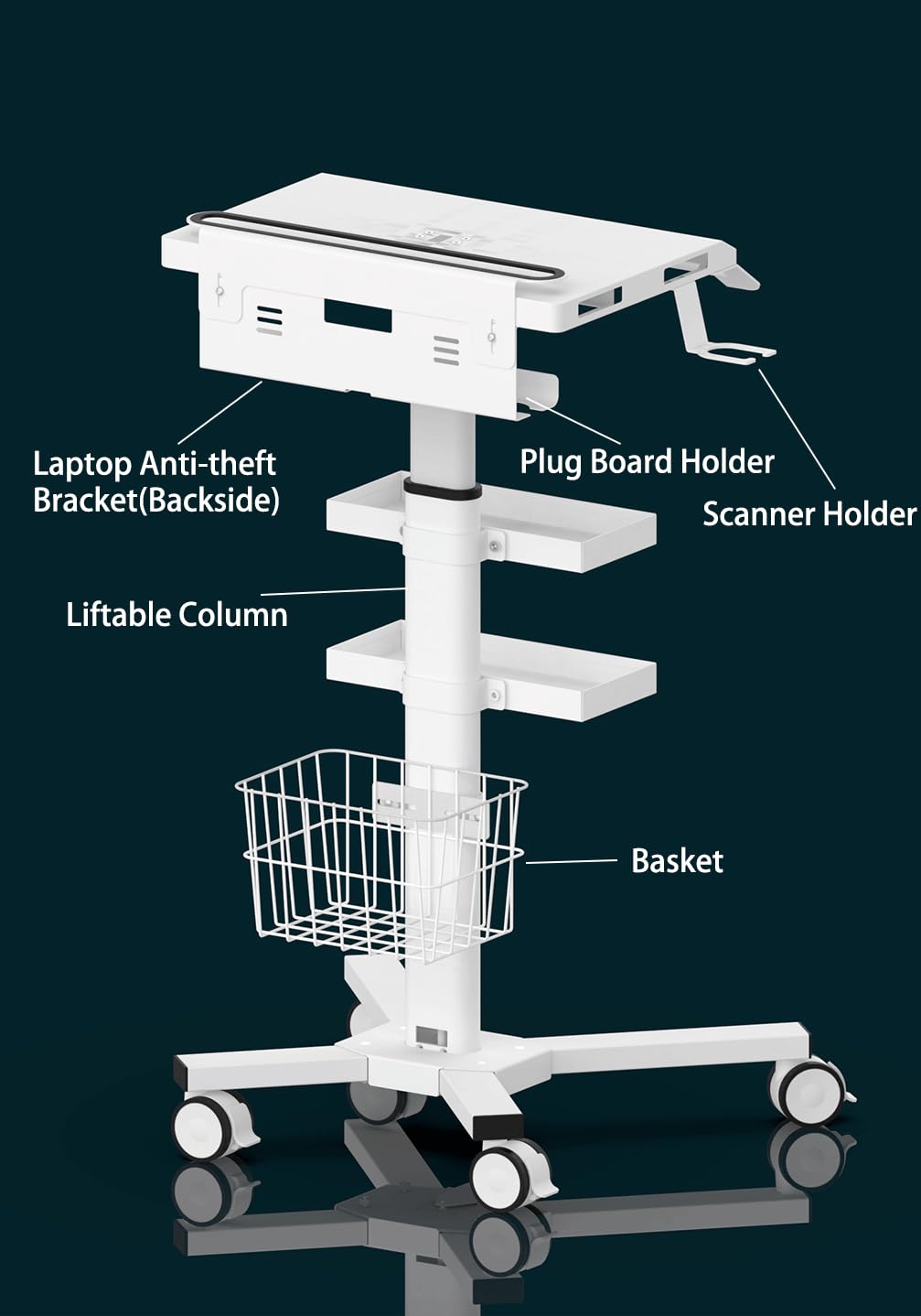 MB-C07 Height Adjustable, Anti-Theft, Anti-Slip Medical Laptop Workstation Trolley Cart With Wheels, Oral Scanner Holder, Basket Storage, Dual Tray | Large Tabletop for Dental Office, Hospital, Clinic