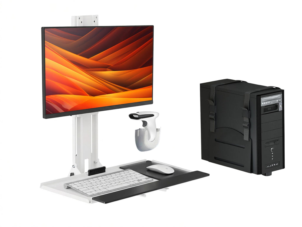 Mount Plus MED01 Medical Monitor and Keyboard Wall Mount For 17" to 32" Display with Height Adjustable Standing Keyboard Tray And Mouse Pad | Scanner Holder | Desktop Computer Mount