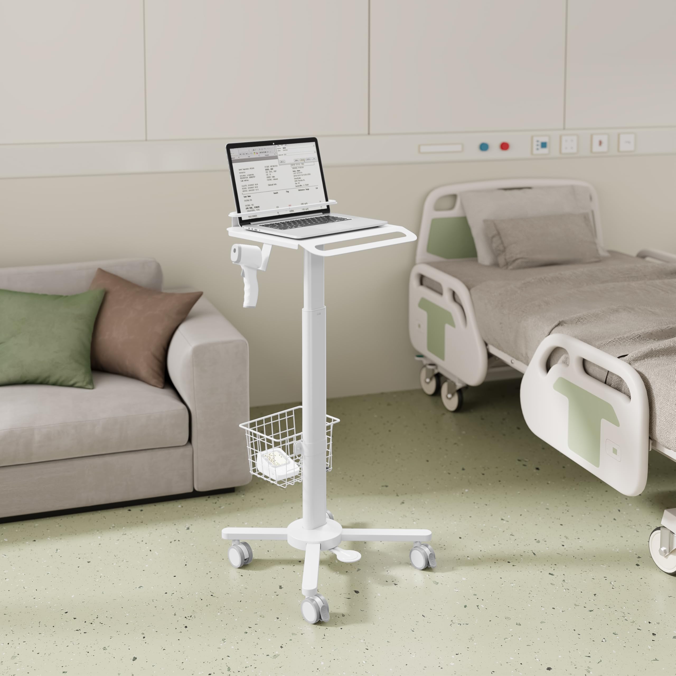 MB-C13-4 Height Adjustable, Lightweight, Anti-Theft, Anti-Slip Medical Laptop Workstation Trolley Cart with Wheels, Oral Scanner Holder, Basket Storage | Tabletop for Dental Office, Hospital, Clinic