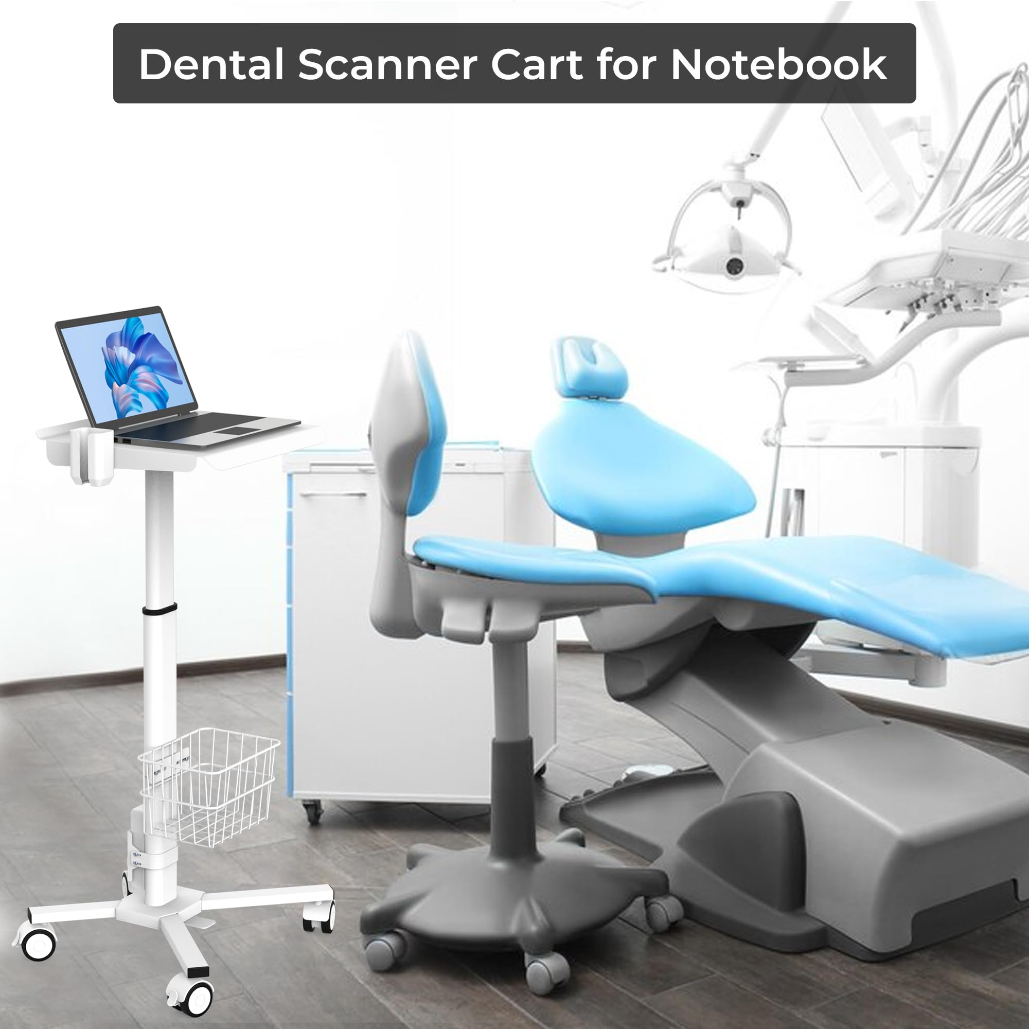 Mount Plus MB-C05 Medical Laptop Workstation Trolley Cart with Wheels, Oral Scanner Holder, Basket Storage | Height Adjustable Rolling Lab Cart with Large Tabletop for Dental Office, Hospital, Clinic