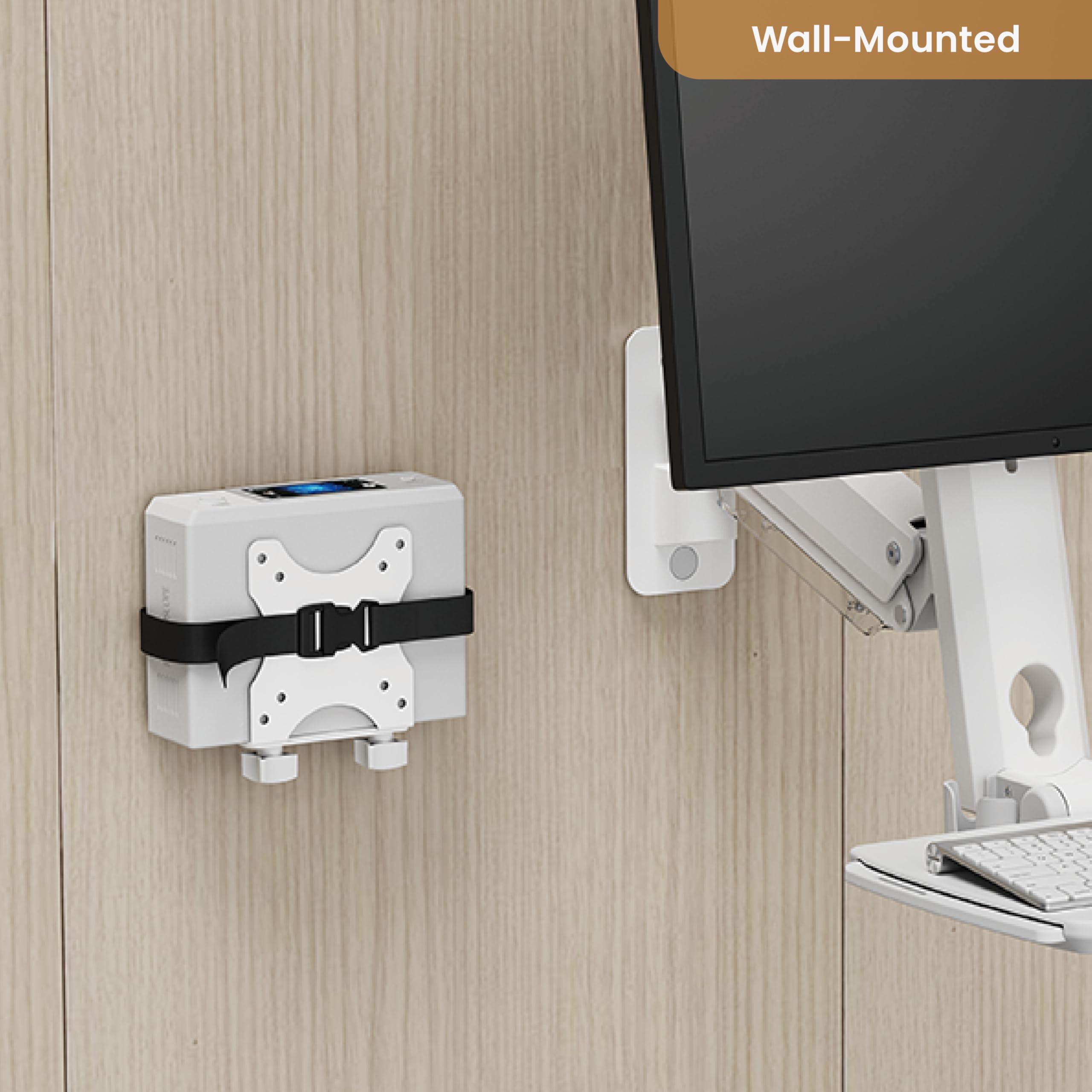 MED02 Medical Wall Mount Workstation with Folding Keyboard Tray | Large Sliding Mouse Pad | Height Adjustment Space Save Folding Design for 17"-35" Screen | Scanner Holder | Mini CPU Mount