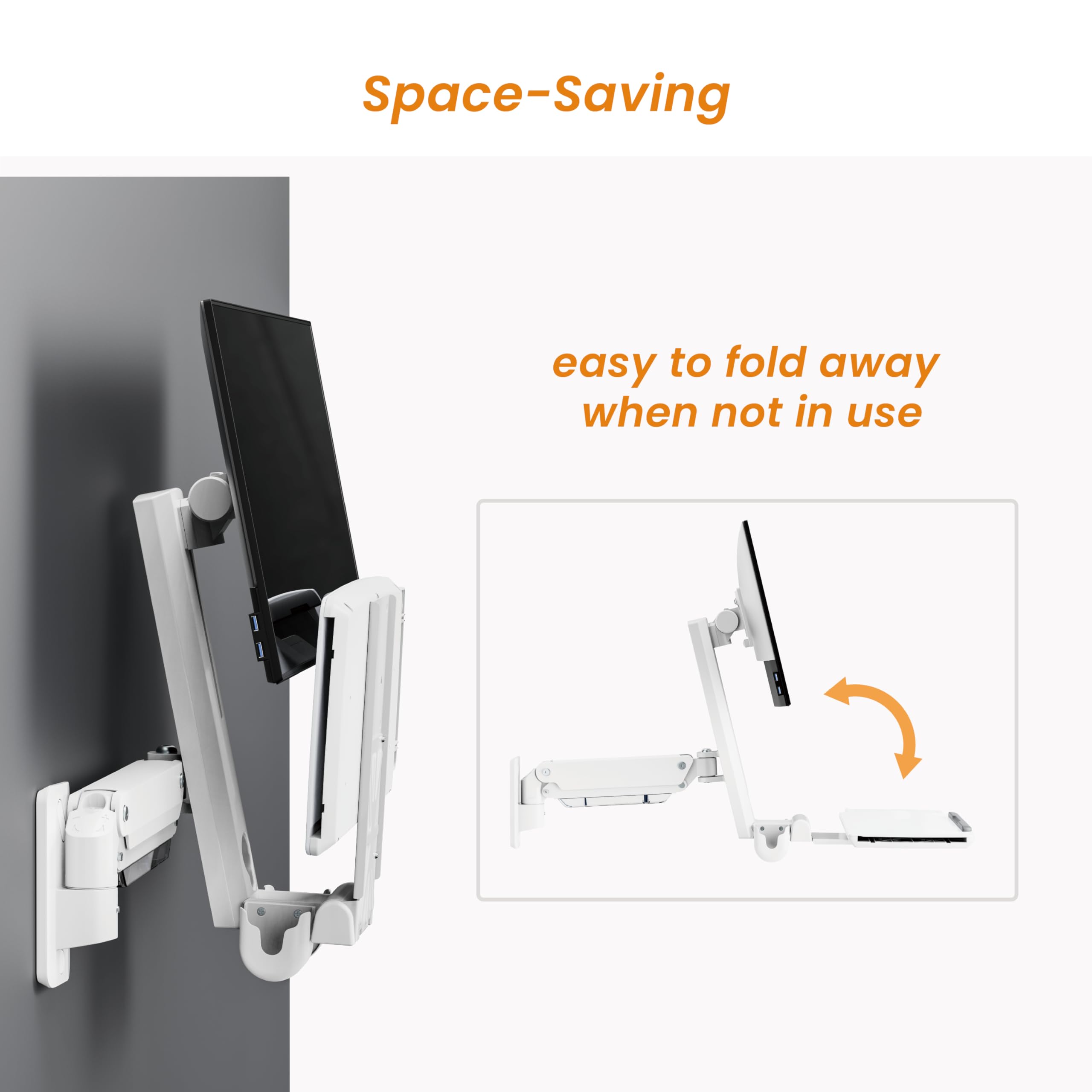 MED2H Heavy Duty Medical Wall Mount Workstation with Folding Keyboard Tray and Sliding Mouse Pad | Height Adjustment Space Save Folding Design for 17"-49" Screen Up to 44 lbs | Oral Scanner Holder