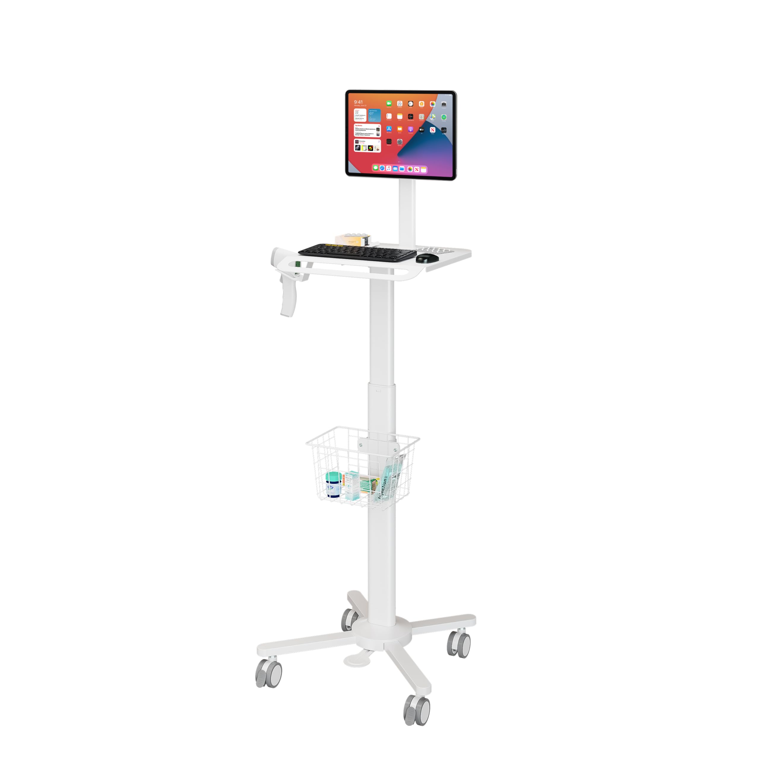 MB-C13-2T Lightweight Medical Trolley Cart for IPAD, Tablet with Keyboard Table, Basket, Scanner Holder for Hospital Clinic Dental Office Home Office | Height Adjustable Mobile Workstation