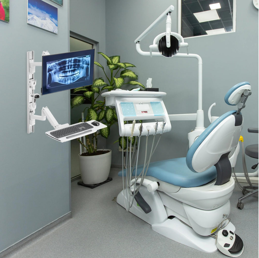 MED10 Medical Monitor Wall Mount with Folding Keyboard Tray and Mouse Pad | Scanner Holder | Heavy Duty Height Adjustment Folding Design for 17"-49" Monitor On Wall Track with Mini CPU Wall Mount