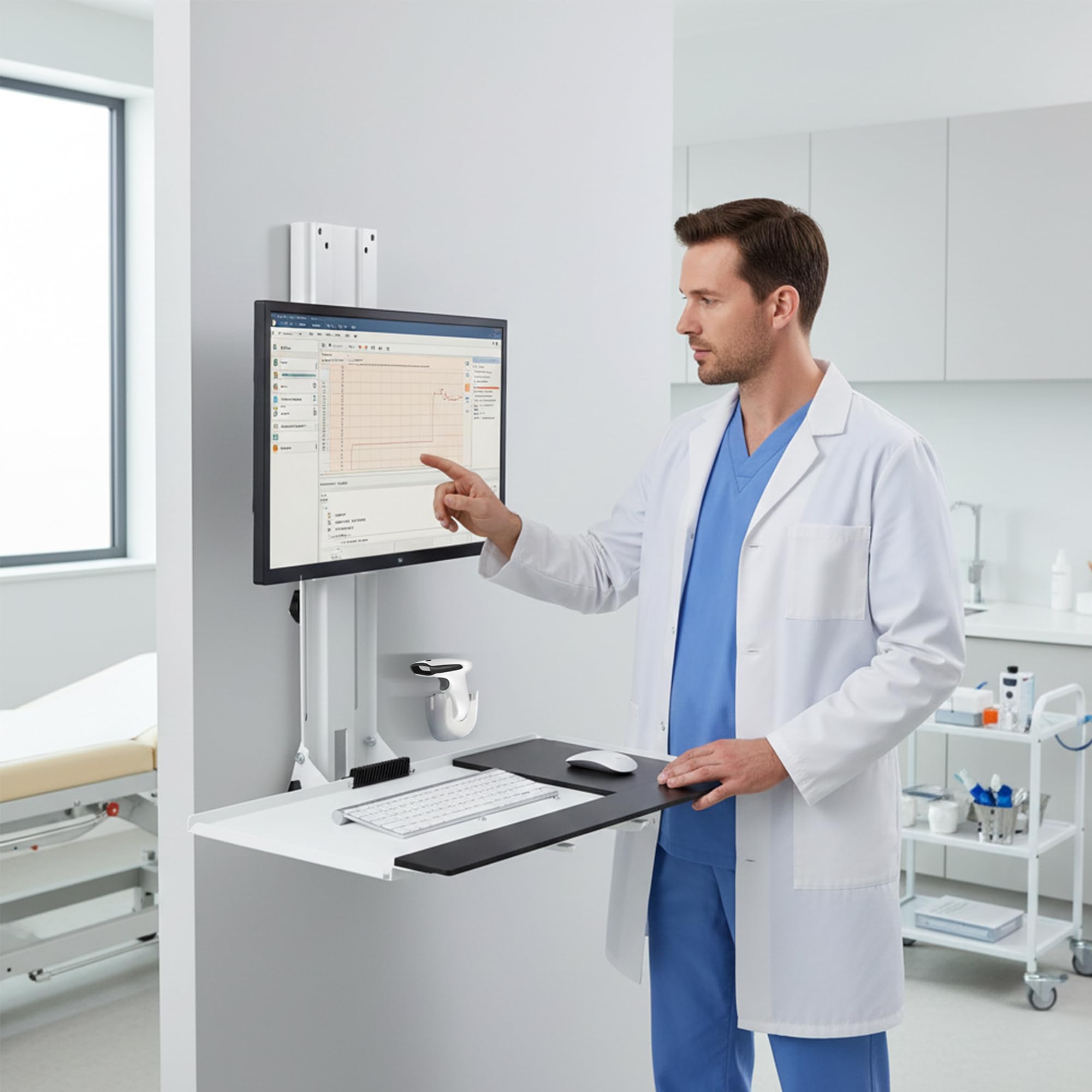 Mount Plus MED01 Medical Monitor and Keyboard Wall Mount For 17" to 32" Display with Height Adjustable Standing Keyboard Tray And Mouse Pad | Scanner Holder | Mini CPU Mount