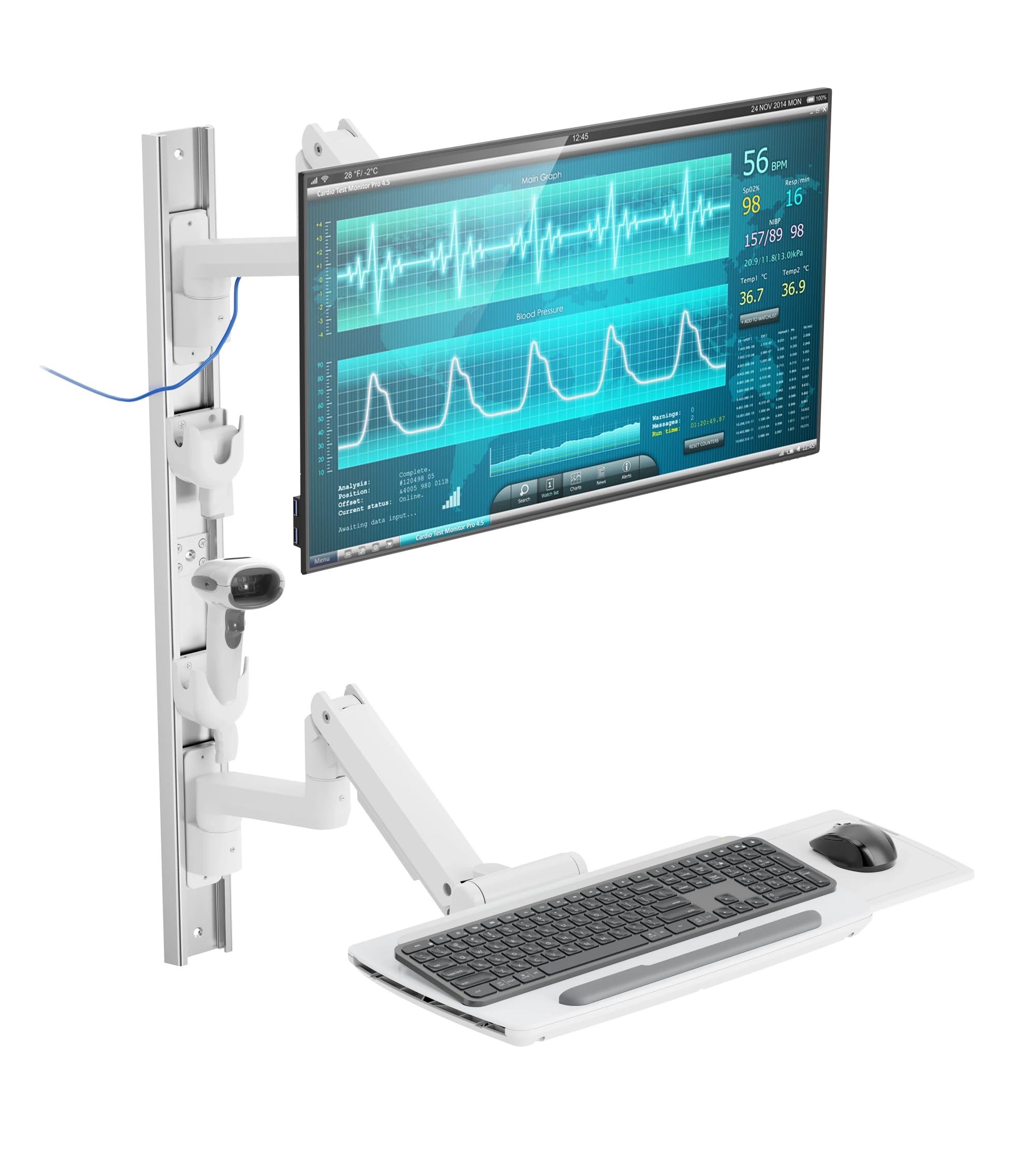 MED10 Medical Monitor Wall Mount with Folding Keyboard Tray and Mouse Pad | Scanner Holder | Heavy Duty Height Adjustment Folding Design for 17"-49" Monitor On Wall Track with Mini CPU Wall Mount