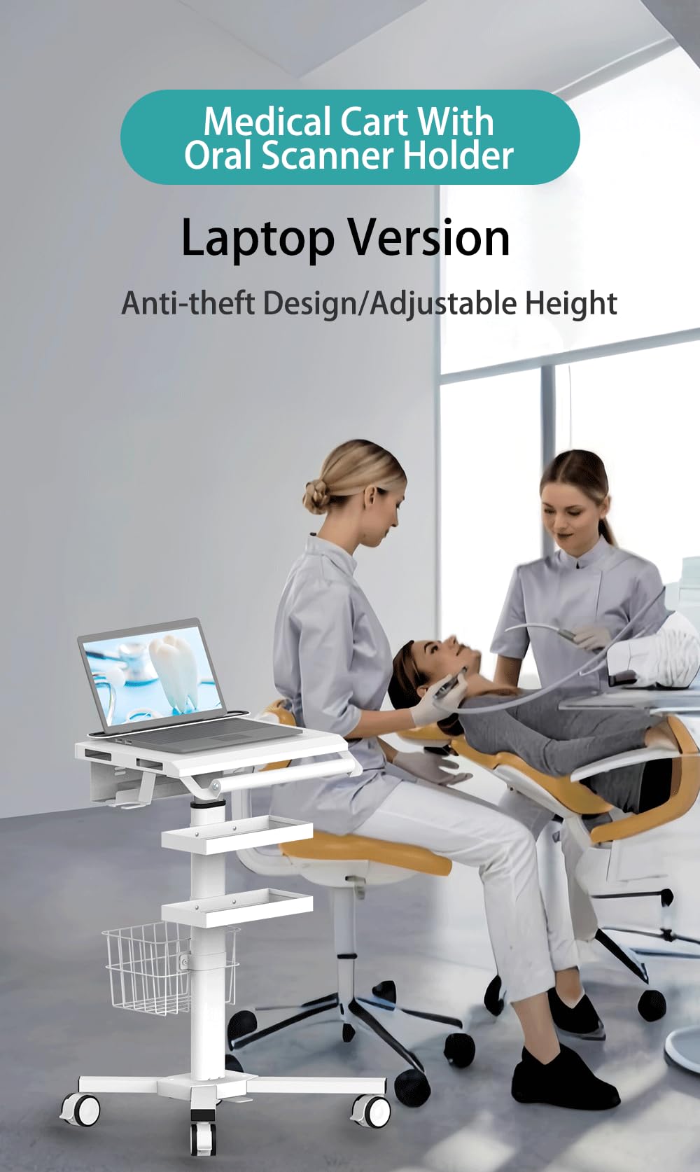 MB-C07 Height Adjustable, Anti-Theft, Anti-Slip Medical Laptop Workstation Trolley Cart With Wheels, Oral Scanner Holder, Basket Storage, Dual Tray | Large Tabletop for Dental Office, Hospital, Clinic