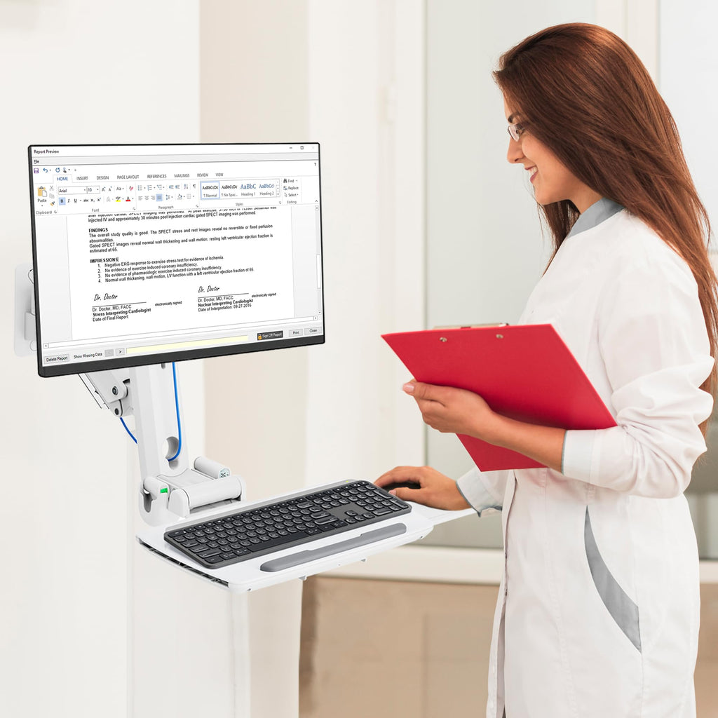 MED2H Heavy Duty Medical Wall Mount Workstation with Keyboard Tray and Sliding Mouse Pad | Height Adjustment Space Save for 17"-49" Screen Up to 44 lbs | Oral Scanner Holder | Desktop Wall Mount