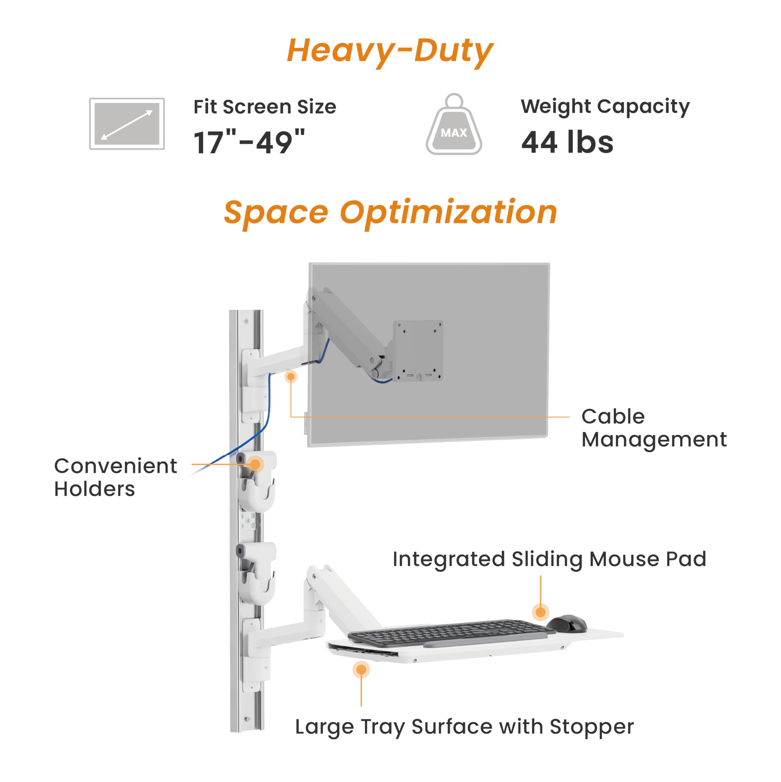 MED10 Medical Monitor Wall Mount with Folding Keyboard Tray and Mouse Pad | Scanner Holder | Heavy Duty Height Adjustment Folding Design for 17"-49" Monitor On Wall Track with CPU Wall Mount