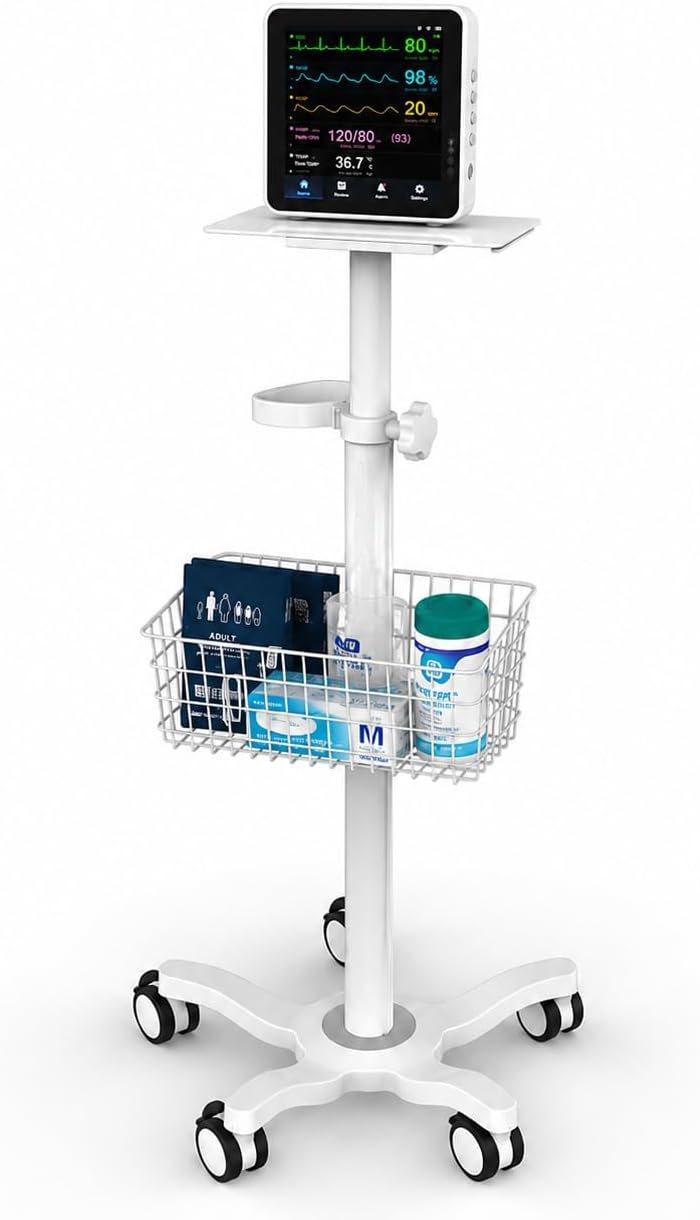 Mount Plus X3 Height Adjustable Aluminium Rolling Stand for Patient Monitor Medical Trolley Cart with Basket and and Locking Casters for Dental Office, Hospital, Clinic